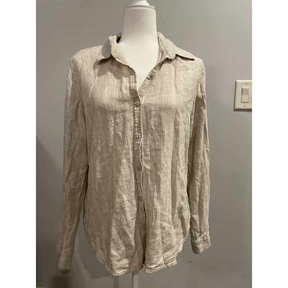 Orvis Top Womens Medium Button-Up Shirt Beige Long Sleeve Striped Linen Viscose - Picture 6 of 7